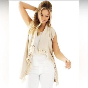 Lilly Pulitzer Gold Abbott Vest Open Front Cardigan With Fringe Size Medium M